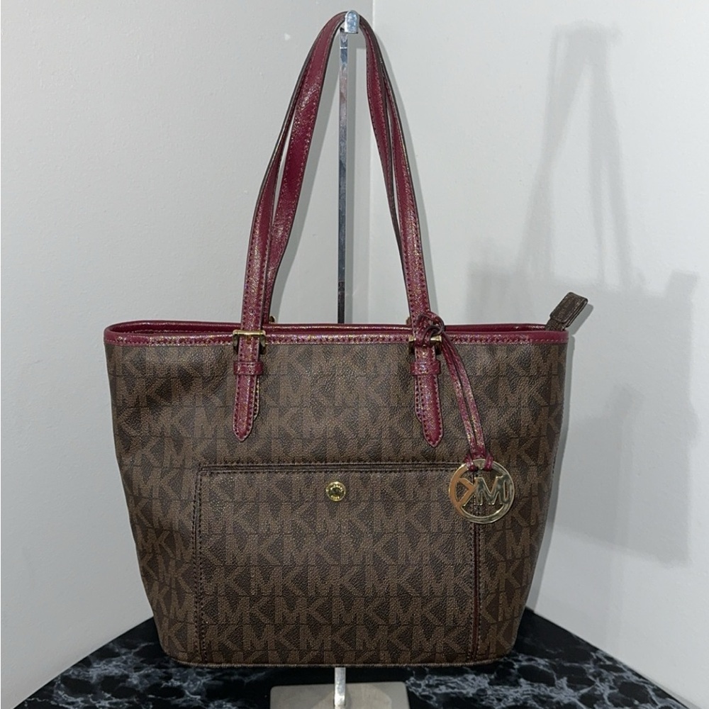 MICHAEL KORS Jet Set Travel Medium Canvas Leather Tote Brown/Red AUTHENTIC